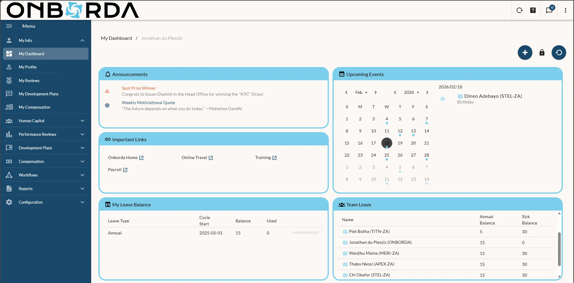 Onborda Human Capital dashboard with announcements, upcoming events, leave balance, and team calendar
